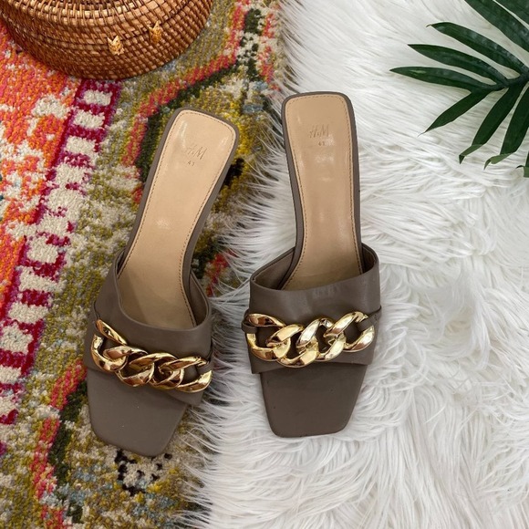 H&M Shoes - H&M Neutral Taupe Gold Minimalist Chain Square Toe Heeled Sandals Heels 41 / 10